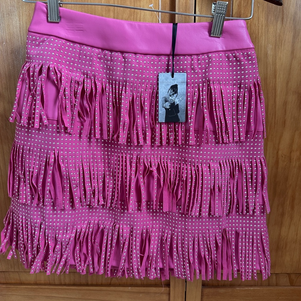 Sincerely Jules Pink Studded Fringe Mini Skirt